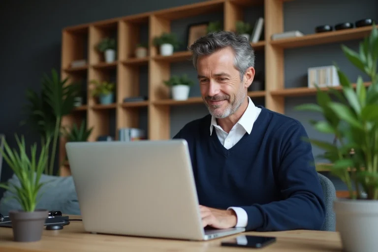 Homme d'âge moyen en chemise blanche et pull bleu travaillant sur un laptop à domicile