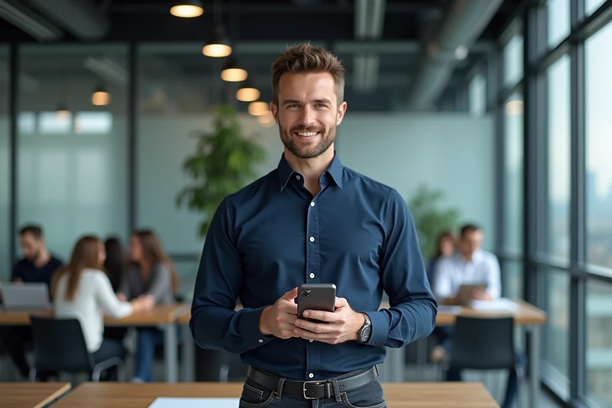 Homme consultant son espace client en ligne sur mobile dans un bureau moderne