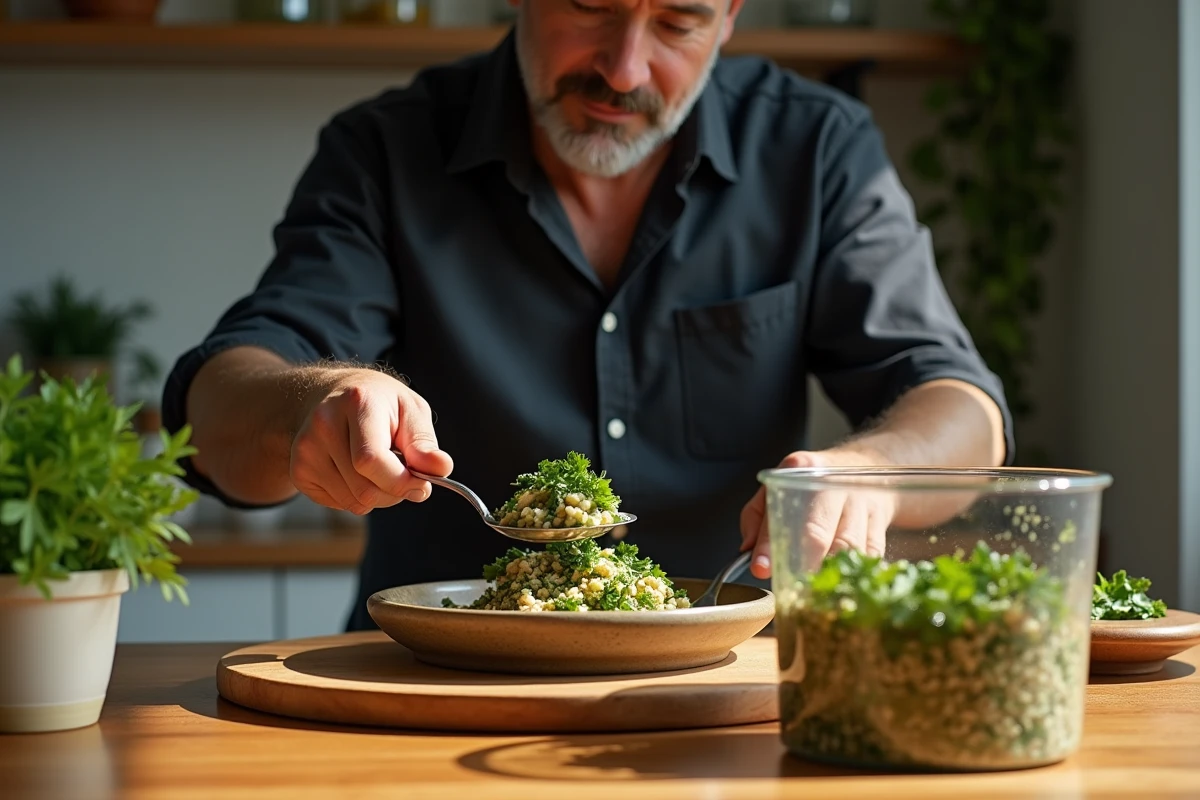 Homme servant une portion de tabbouleh sur une assiette rustique
