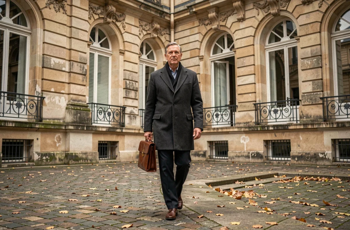 Homme en manteau sombre traversant la cour d'un bâtiment institutionnel français en pierres taillées, mallette à la main