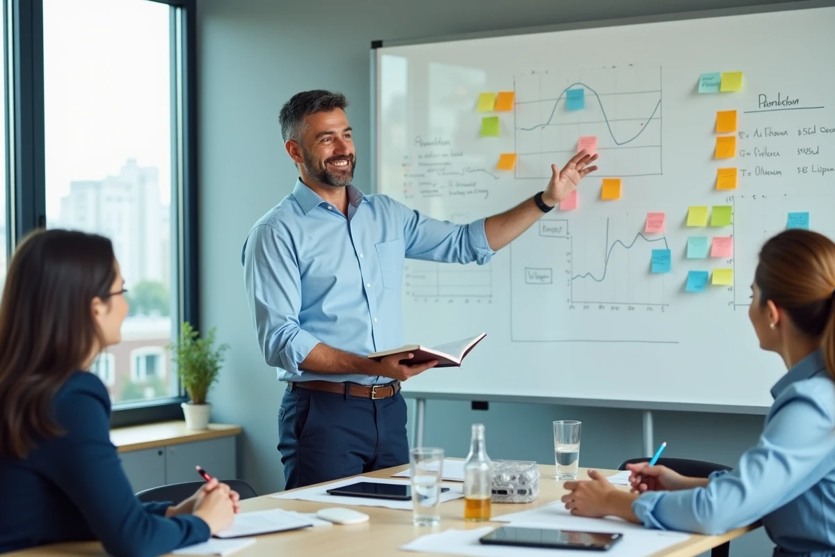 Homme d âge moyen expliquant des graphiques financiers
