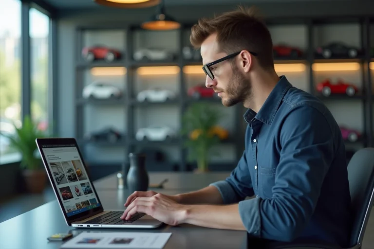 Homme professionnel lisant un site auto sur son ordinateur