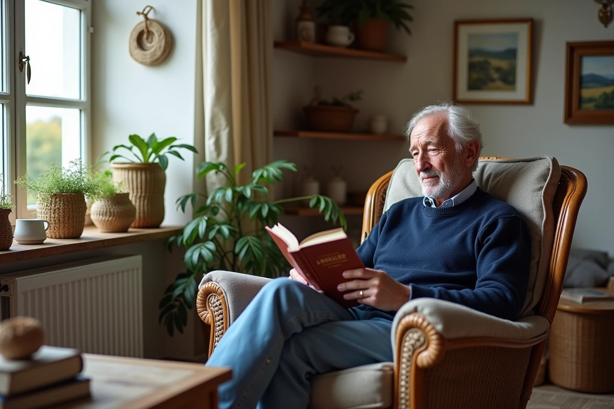 Homme âgé lisant dans un fauteuil avec décor breton authentique