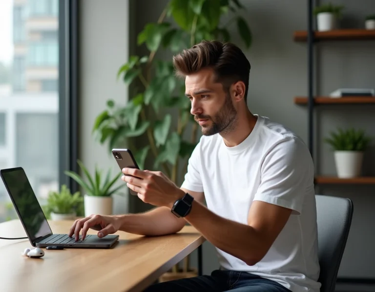 Homme en t-shirt blanc examinant un smartphone pliable dans un espace de travail technologique moderne aux murs en béton