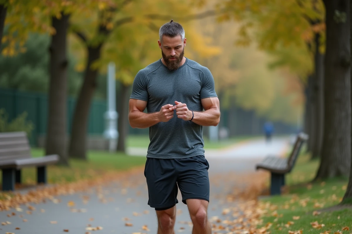 Homme en pause après une séance de corde à sauter dans un parc urbain