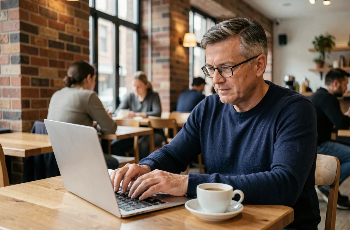 Homme en télétravail dans un café urbain moderne, travaillant sur son ordinateur portable avec une tasse de café