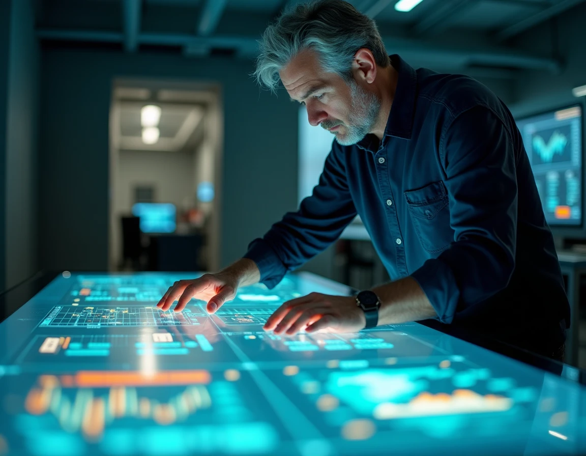 Ingénieur interagissant avec une table tactile interactive dans un laboratoire d'innovation technologique