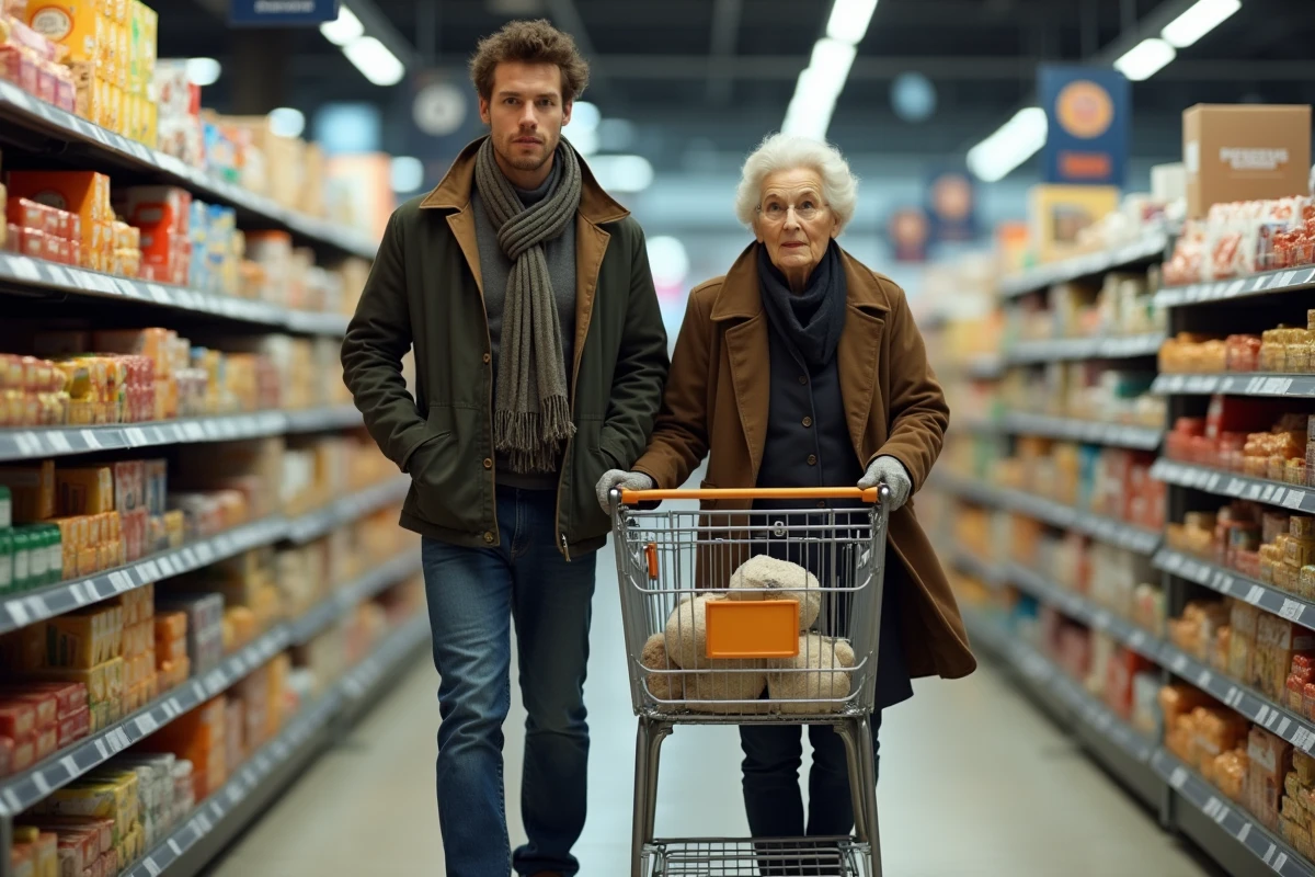 Jeune homme et femme poussant un chariot dans un supermarché