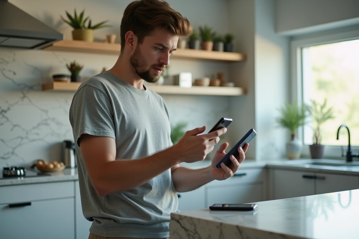 Jeune homme transférant des données entre deux téléphones dans la cuisine