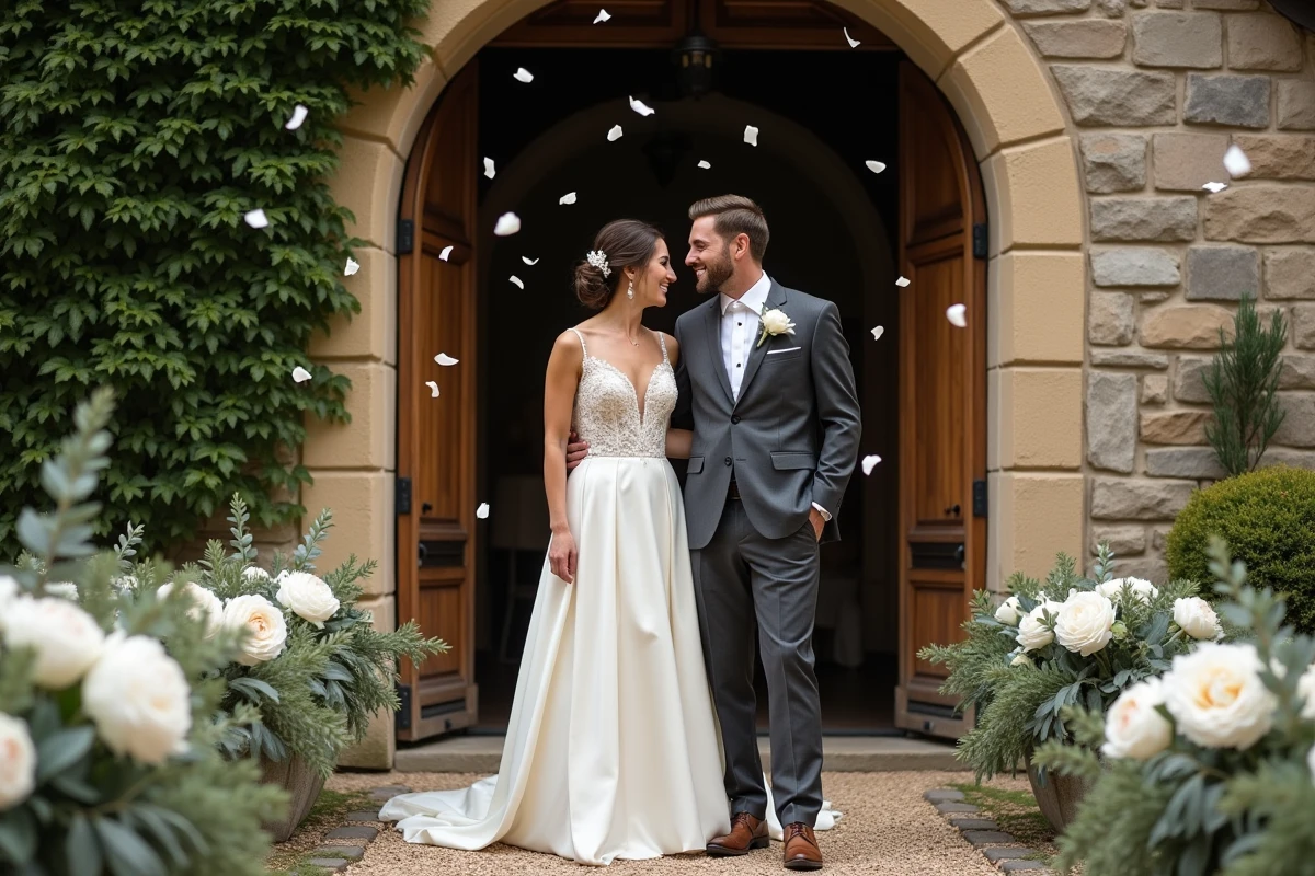 Mariés souriants devant une chapelle en pierre rustique décorée de pivoines blanches et de verdure pour un mariage inoubliable