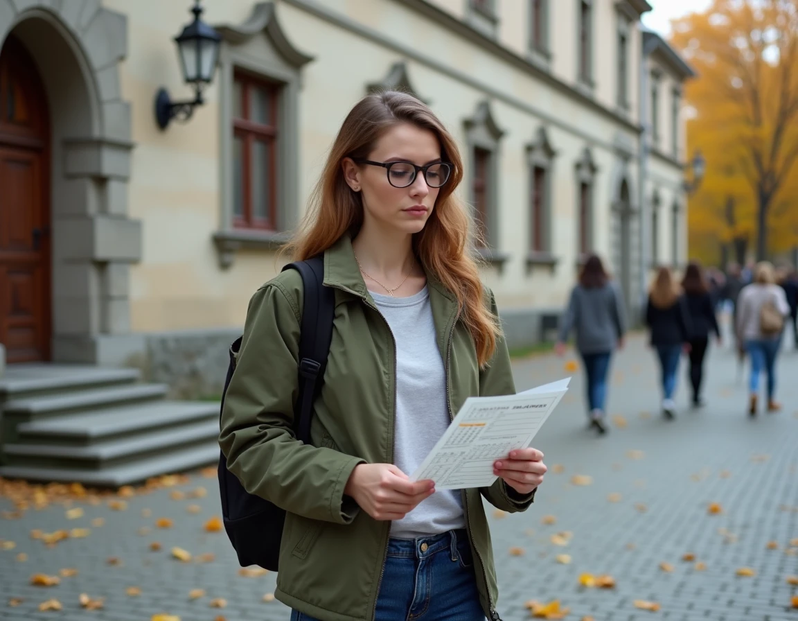 Mère devant une école autrichienne consultant le calendrier des vacances scolaires 2024