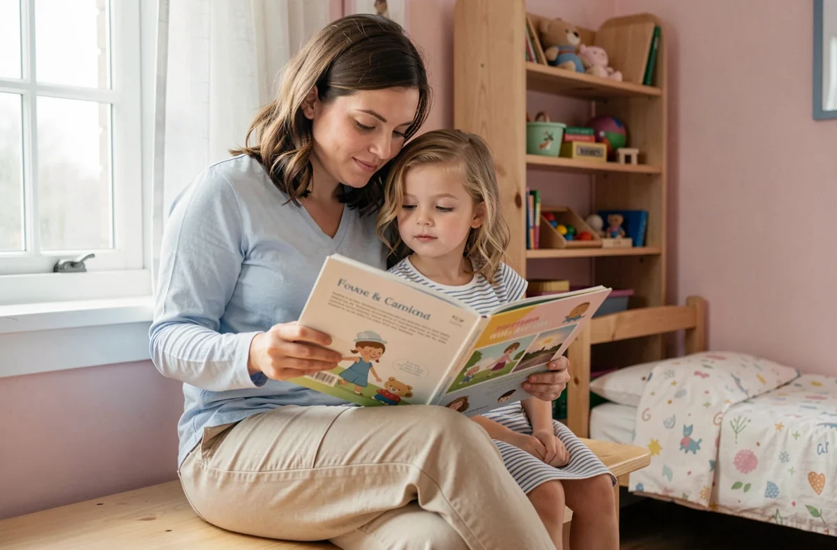 Nounou à domicile lisant une histoire illustrée à une petite fille dans une chambre d'enfant apaisante