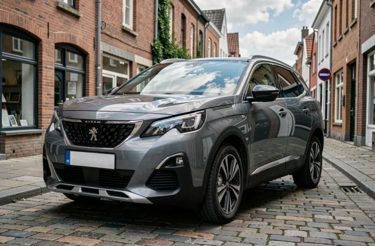 Peugeot 3008 SUV garé dans une rue pavée d'une ville belge proche de Comines