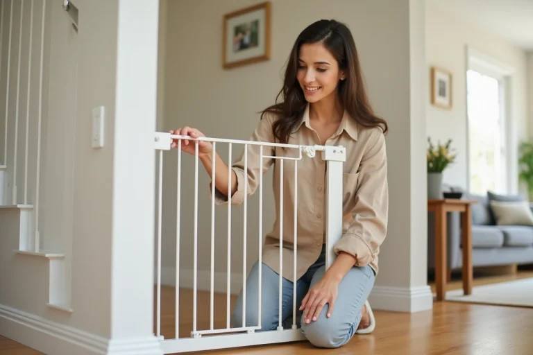 Mère installant un portail de sécurité en haut d'un escalier pour protéger son enfant à la maison