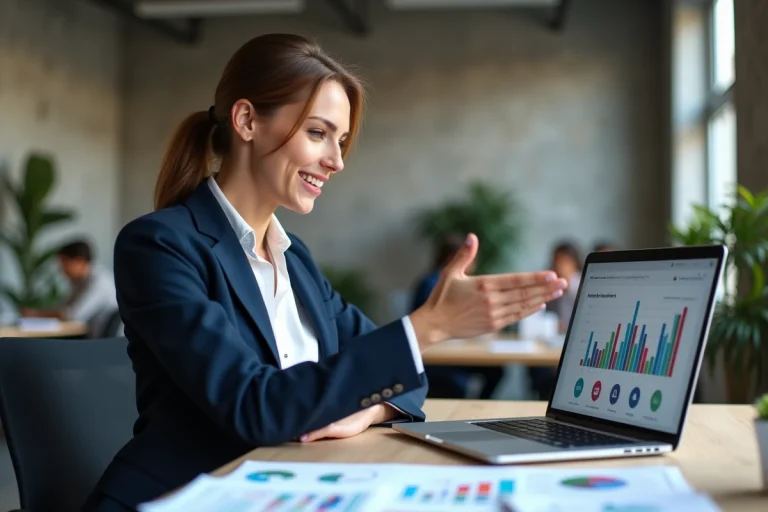 Professionnelle en marketing analysant des données de visibilité en ligne sur un ordinateur dans un bureau moderne