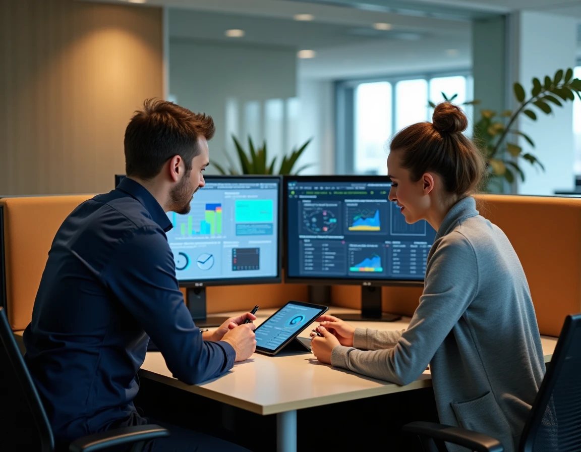 Deux professionnels collaborant sur des interfaces d'intelligence artificielle et de visualisation de données dans un espace de travail high-tech moderne