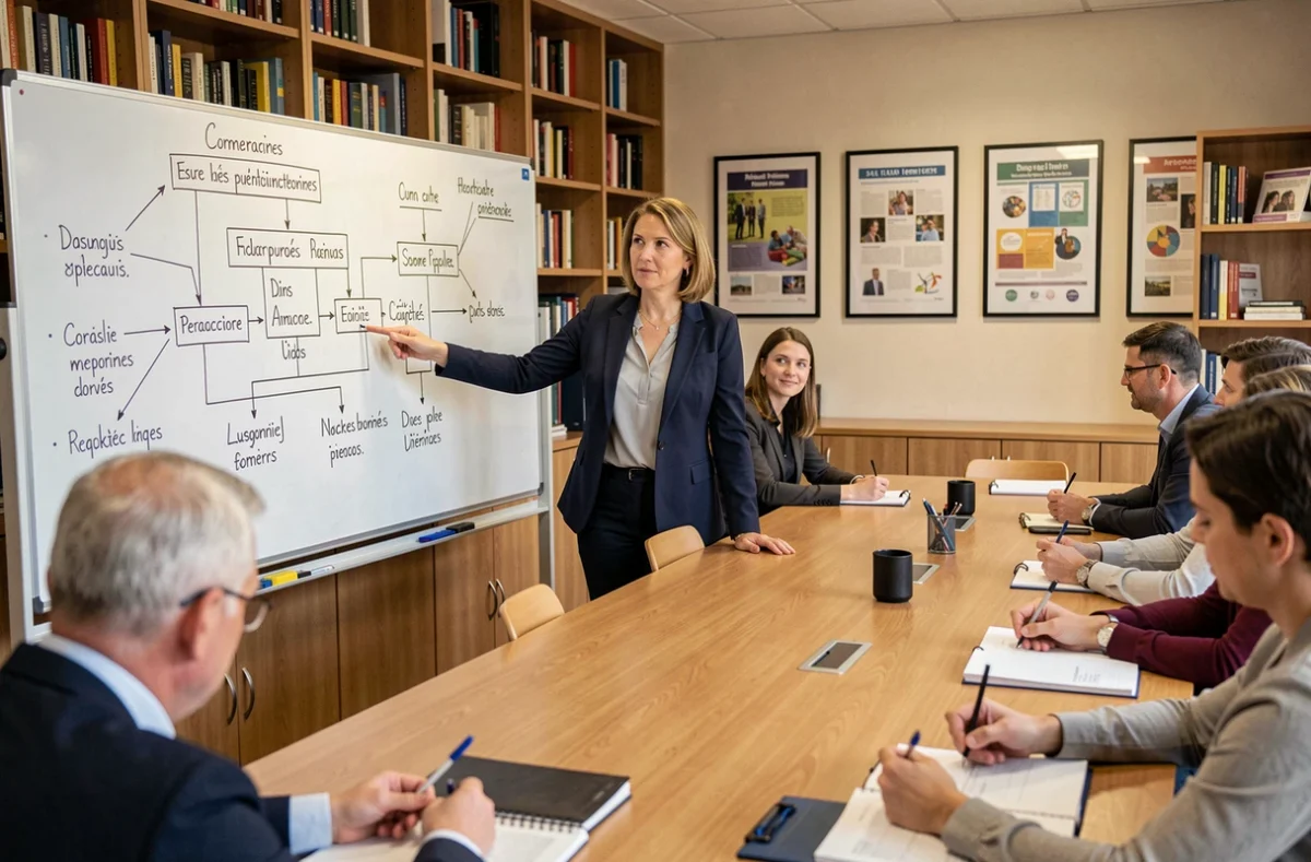 Enseignante présentant un projet éducatif sur un tableau blanc lors d'une réunion pédagogique