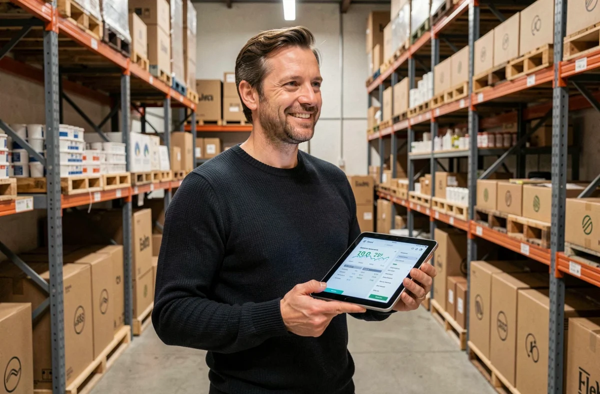 Propriétaire d'une boutique en ligne belge consultant un tableau de bord e-commerce dans son entrepôt logistique