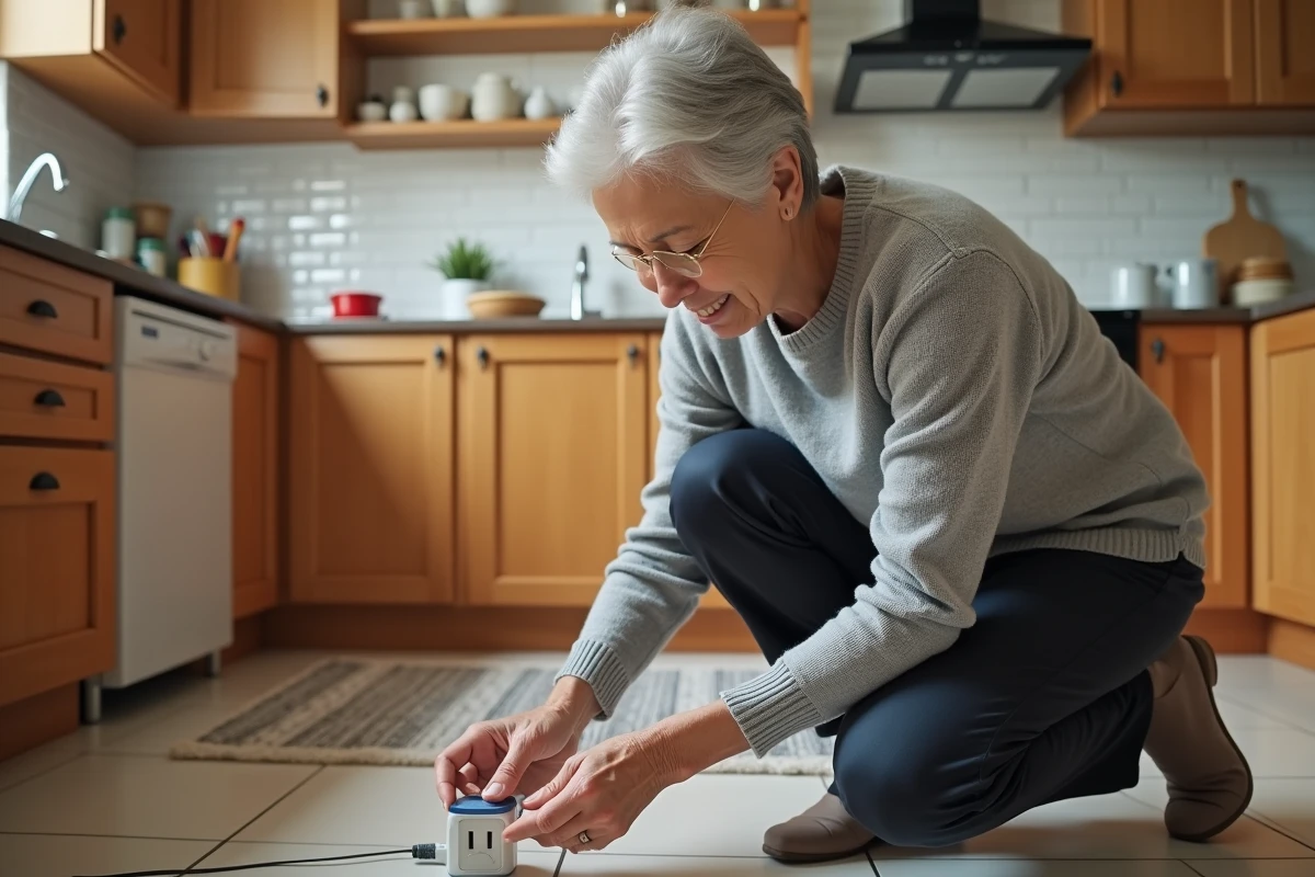 Grand-mère installant un protège-prise électrique pour sécuriser la maison face aux jeunes enfants