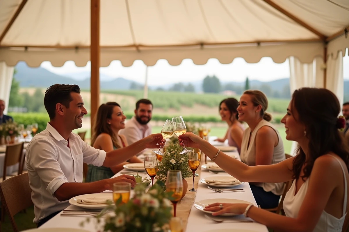 Réception de mariage en plein air sous une tente en lin blanc avec invités joyeux portant un toast dans un vignoble