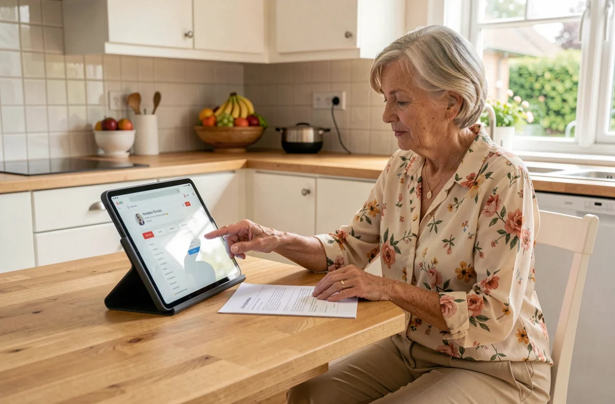 Femme retraitée consultant le kiosque retraité Orange sur une tablette dans sa cuisine