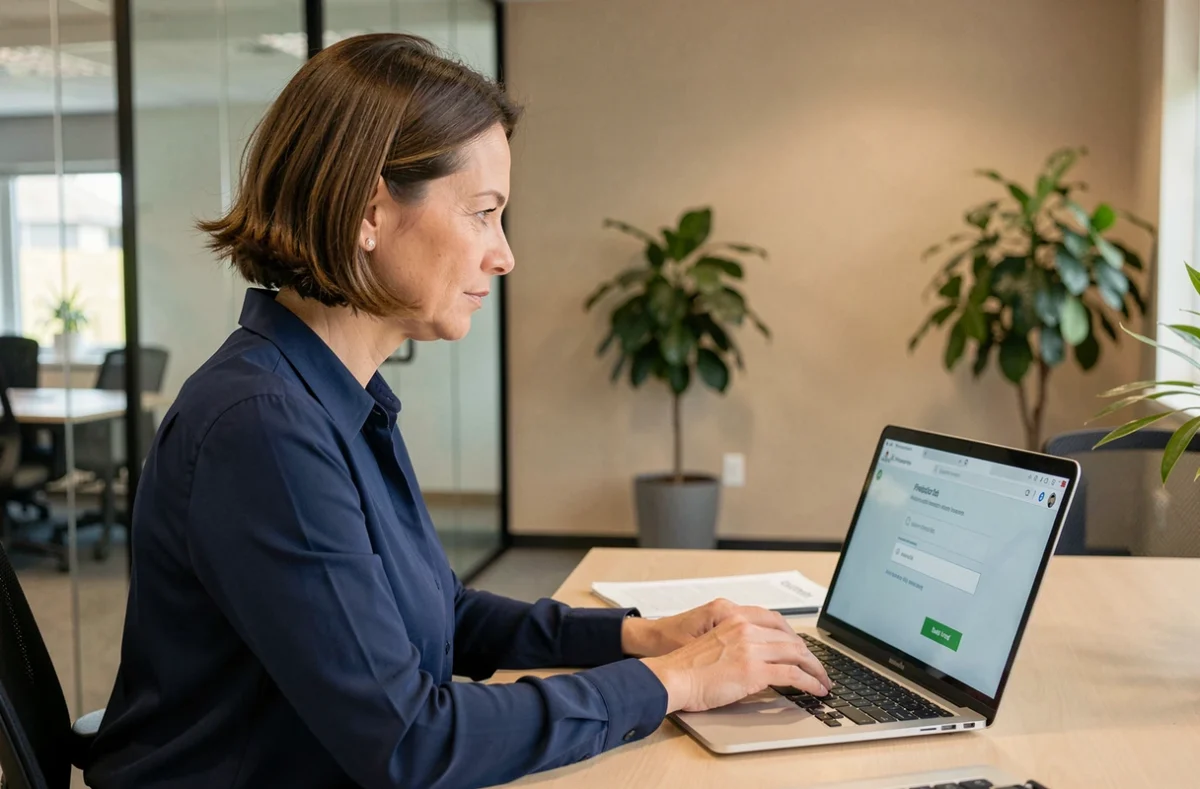 Salariée Cooperl se connectant à son espace personnel en ligne depuis un bureau professionnel