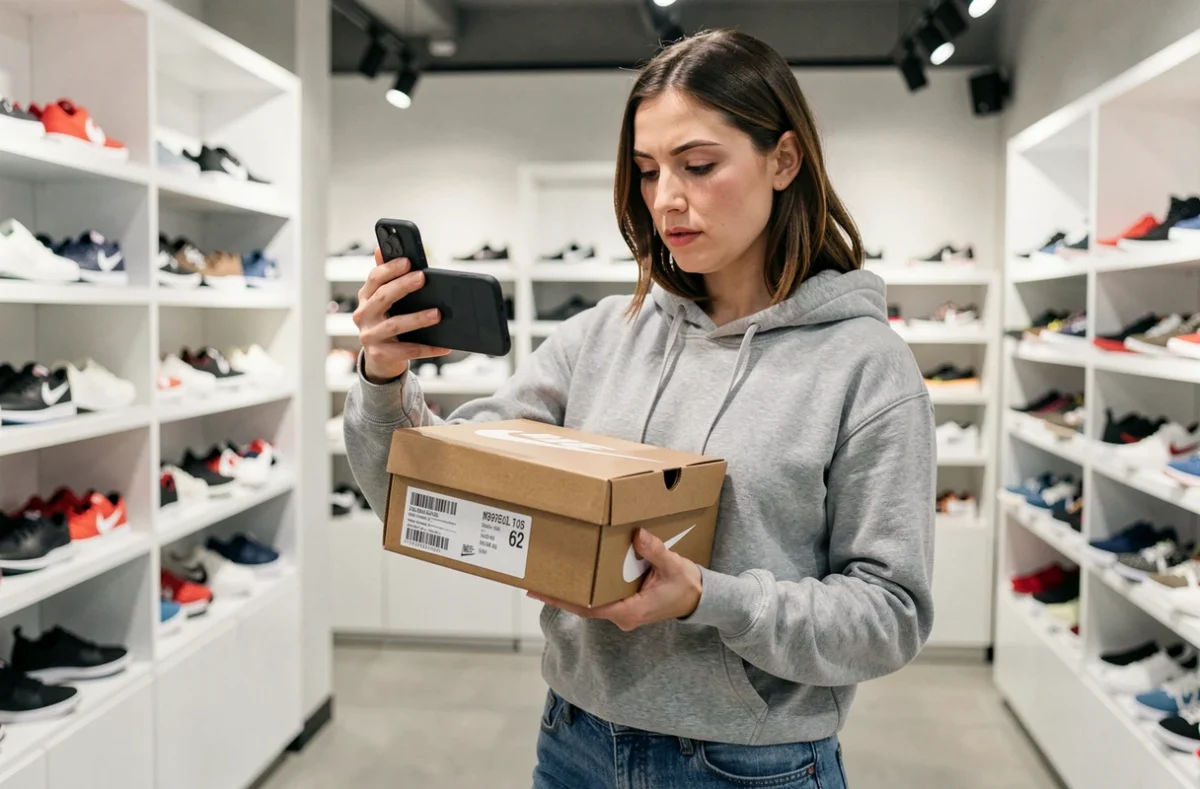 Femme scannant le code-barres d'une boîte de sneakers Nike en magasin pour vérifier l'authenticité