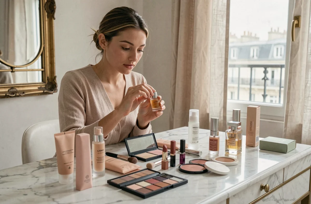 Femme découvrant une sélection de produits de beauté tendance sur une coiffeuse en marbre dans un appartement parisien chic