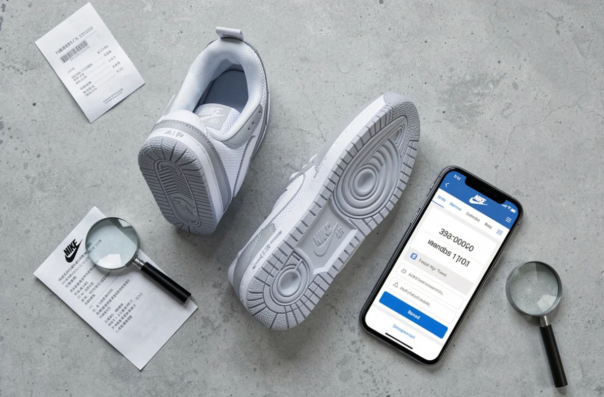 Vue à plat d'une sneaker Nike avec numéro de série visible sur la semelle et smartphone pour vérification