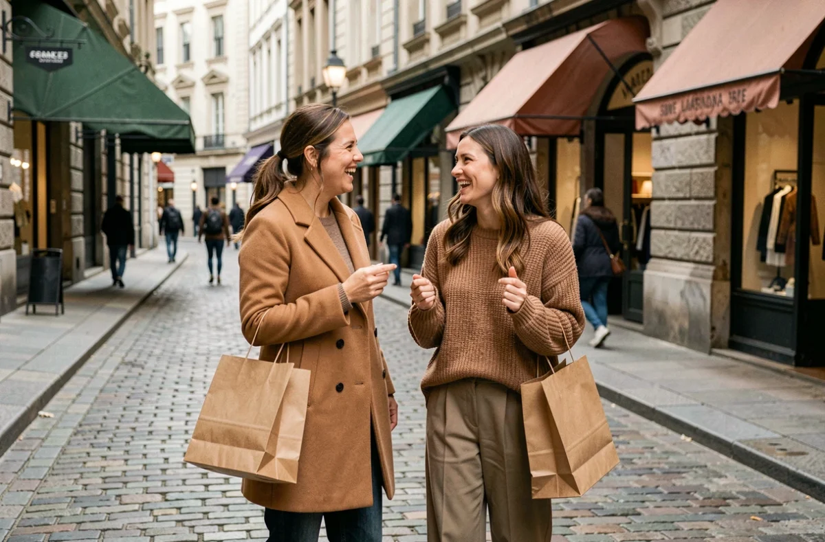Deux femmes élégantes faisant du shopping de mode tendance dans une rue commerçante pavée avec des sacs de boutique