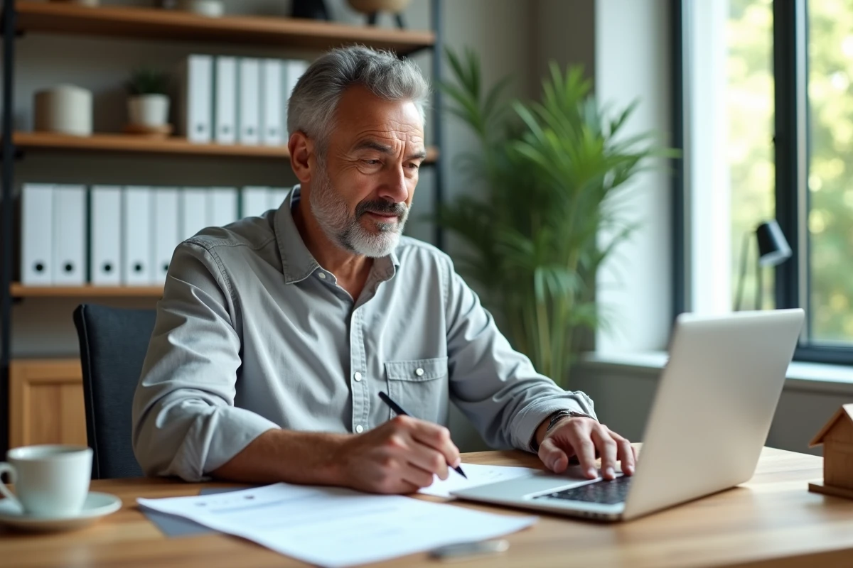 Homme signant un contrat immobilier à son bureau avec documents et ordinateur lors d'un projet d'achat immobilier