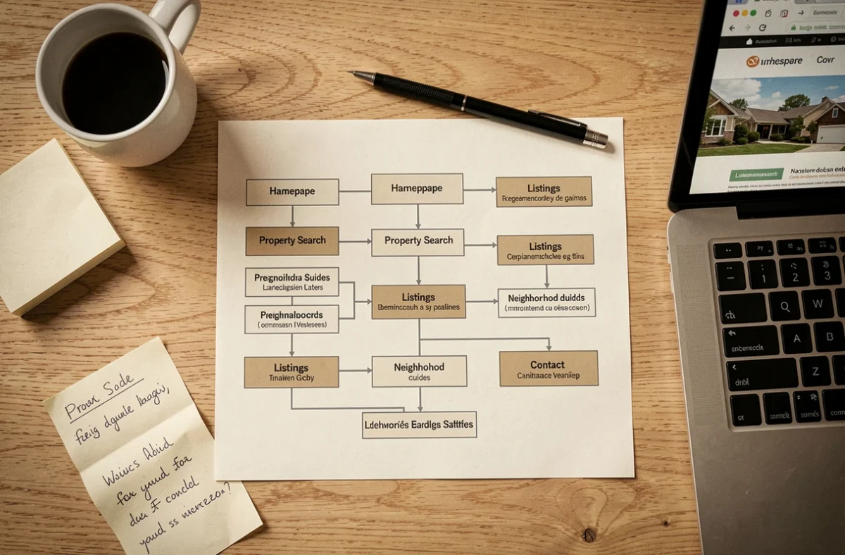 Vue aérienne d'un sitemap imprimé d'un site immobilier entouré d'outils de travail sur bureau en bois