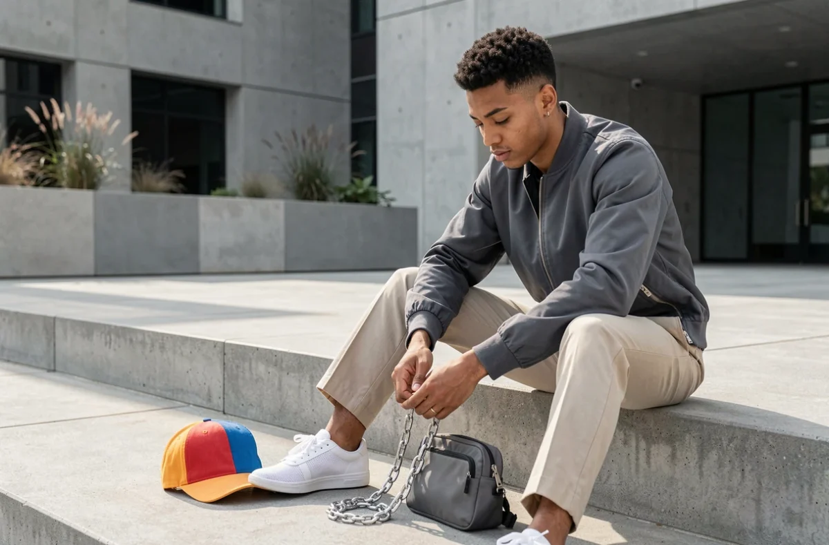 Personne non-binaire arrangeant des accessoires urbains tendance sur des marches en béton d'une place contemporaine