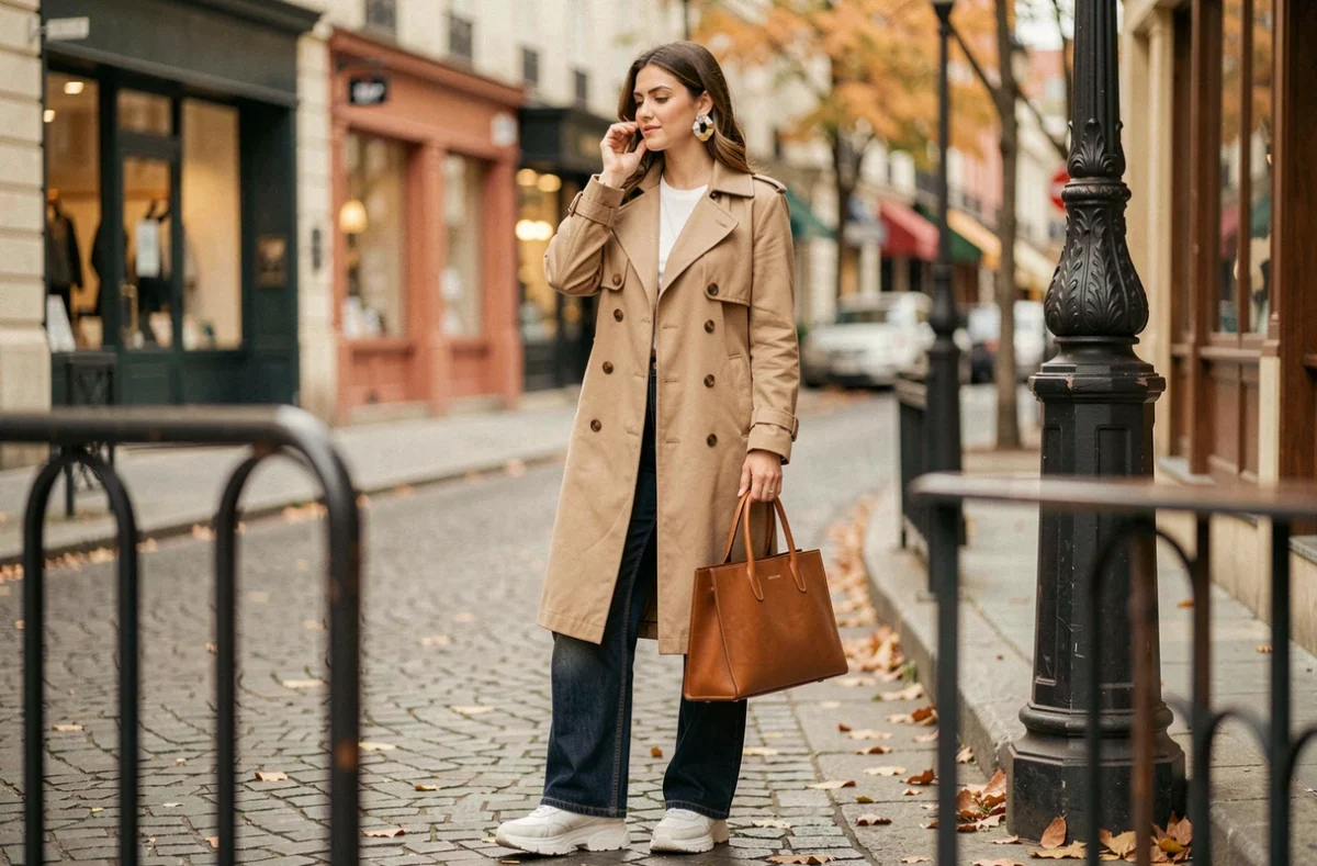 Jeune femme stylée en trench coat beige avec accessoires tendance dans une rue pavée parisienne en automne