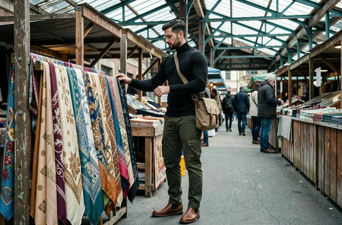 Homme élégant en style urbain chic explorant des accessoires vintage sur un marché en plein air