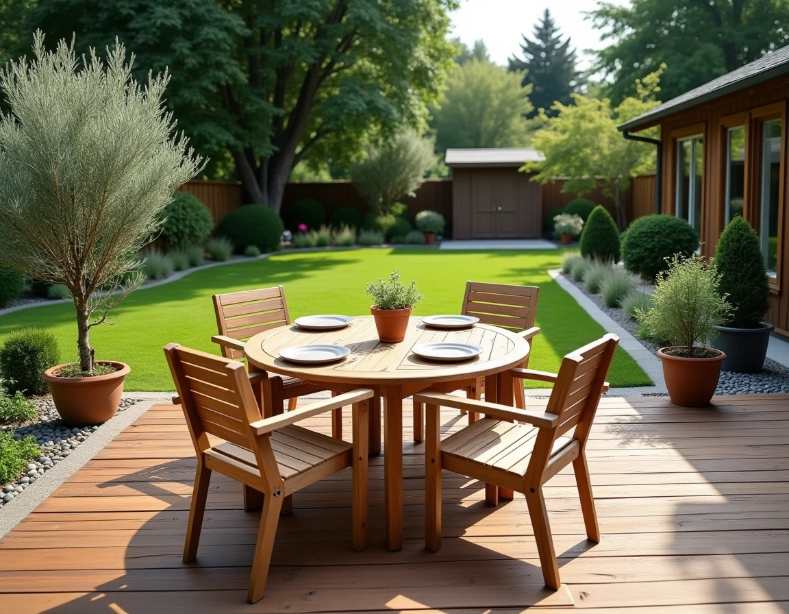 Terrasse en bois aménagée avec mobilier de jardin et plantes en pot dans un jardin extérieur