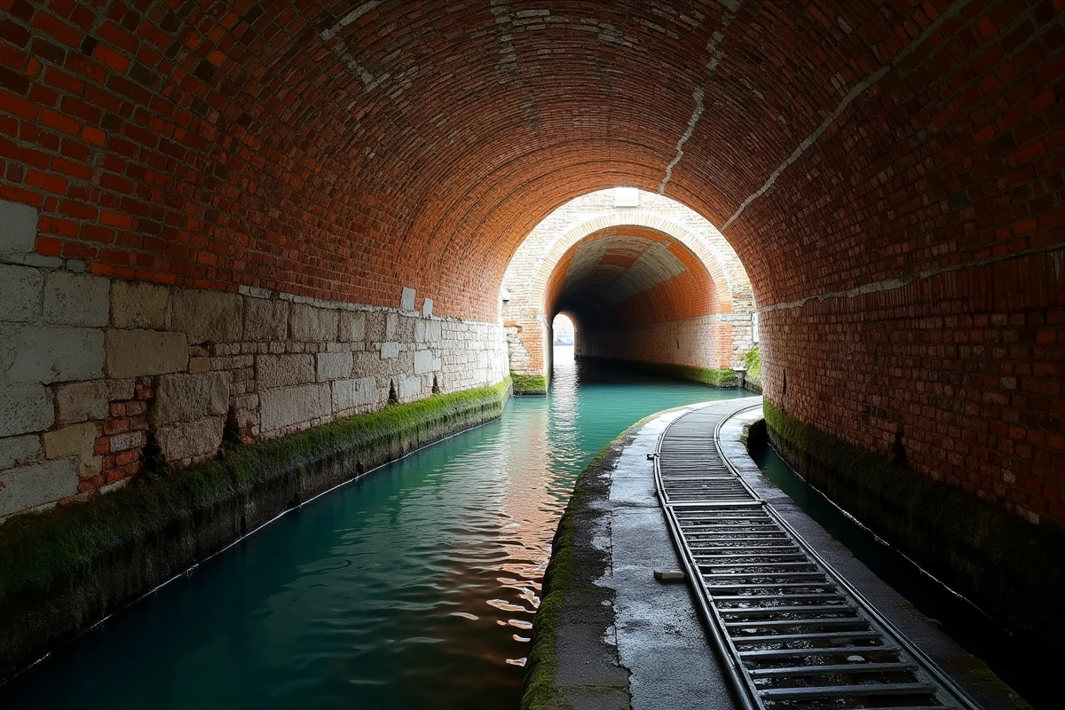 Intérieur d'un tunnel de drainage vénitien en briques anciennes avec voûtes recouvertes de dépôts minéraux et eau sombre s'écoulant au sol