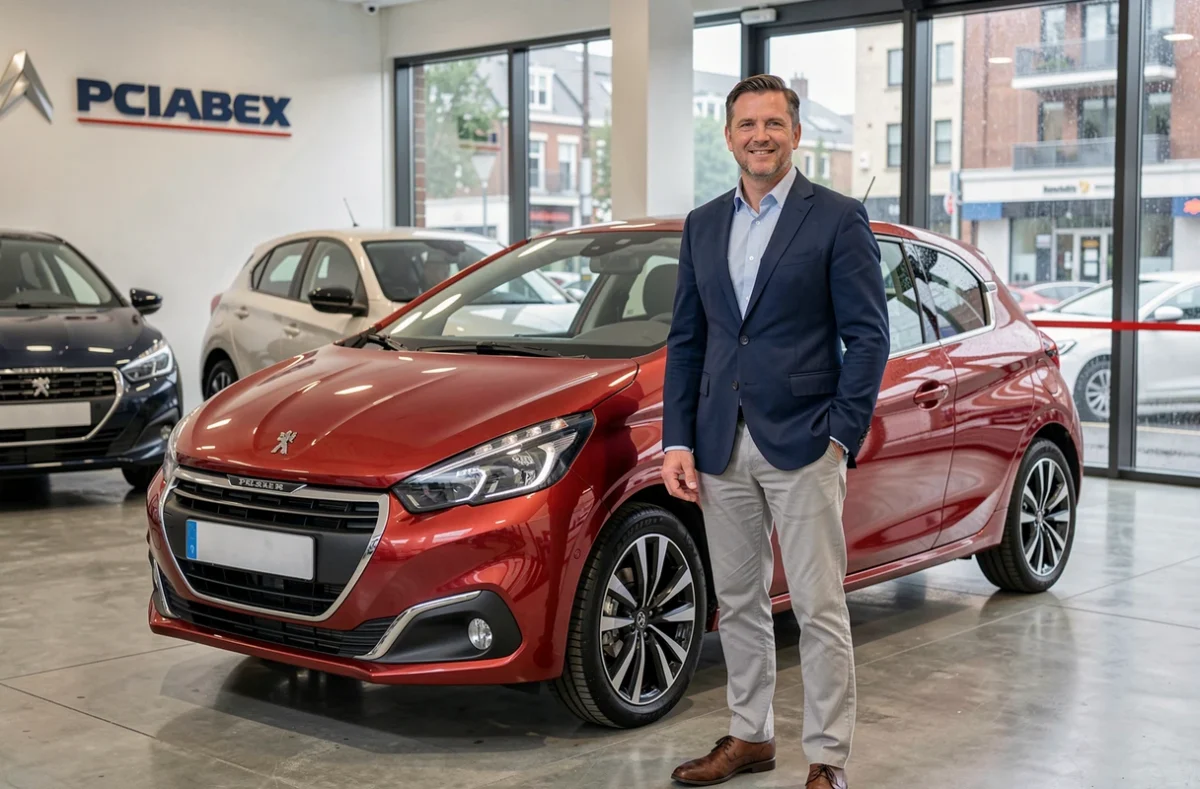 Vendeur Peugeot présentant une Peugeot 208 dans une concession automobile