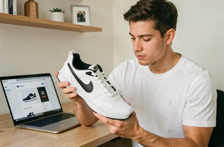 Homme vérifiant l'étiquette intérieure d'une sneaker Nike pour authentifier le numéro de série