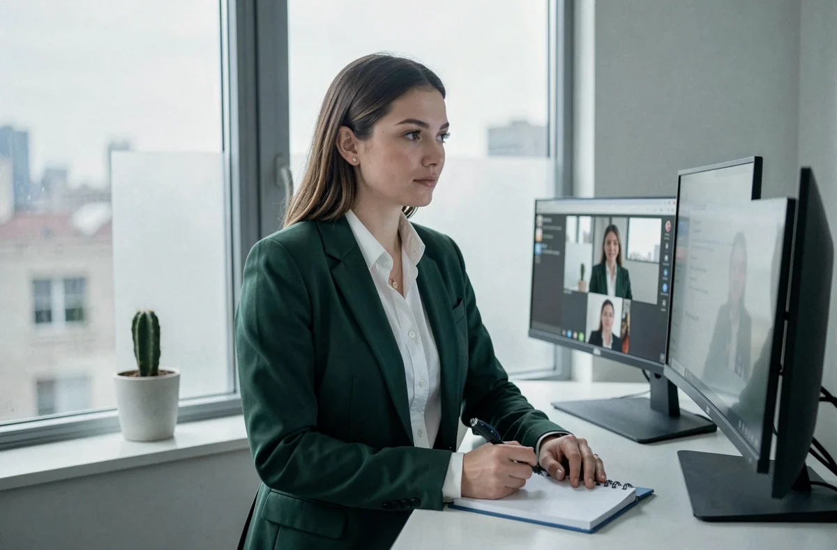 Jeune femme professionnelle en visioconférence depuis son bureau à domicile avec un double écran et une vue urbaine