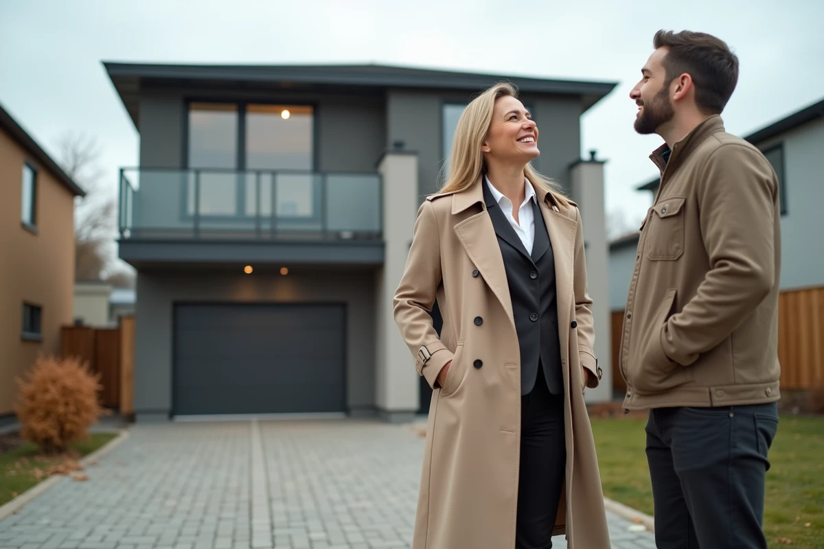 Femme accompagnée d'un agent immobilier devant une maison neuve lors d'une visite de bien résidentiel