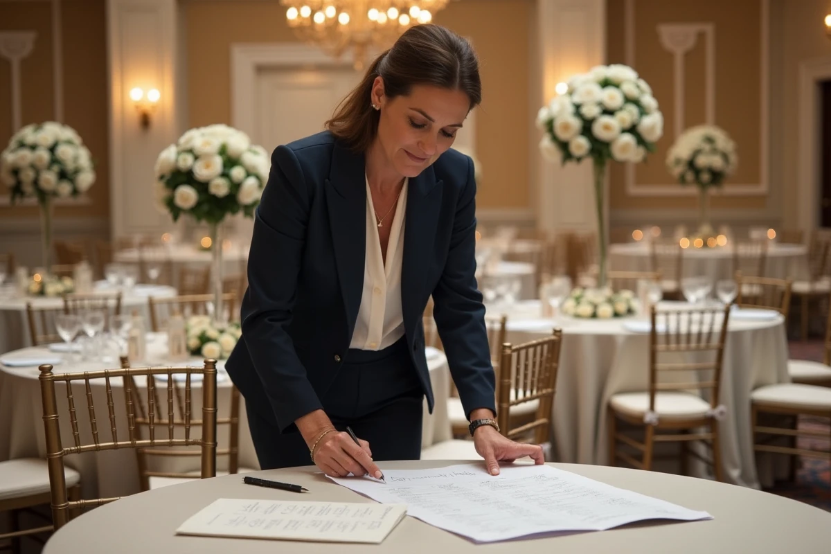 Wedding planner consultant organisant les détails d'un mariage dans une salle de réception élégante avec décoration florale